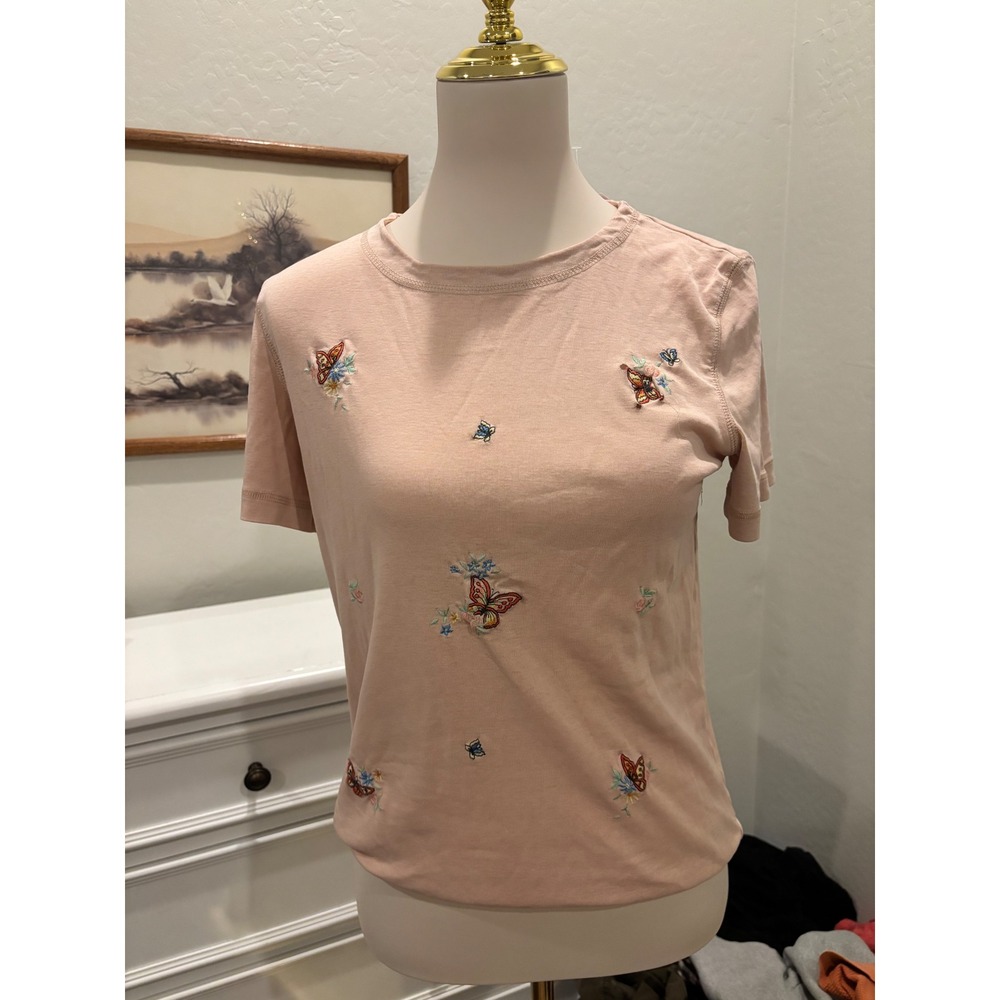 Butterfly Embroidered T-Shirt Sarah Bentley Peach Pink Cottagecore Floral Top S